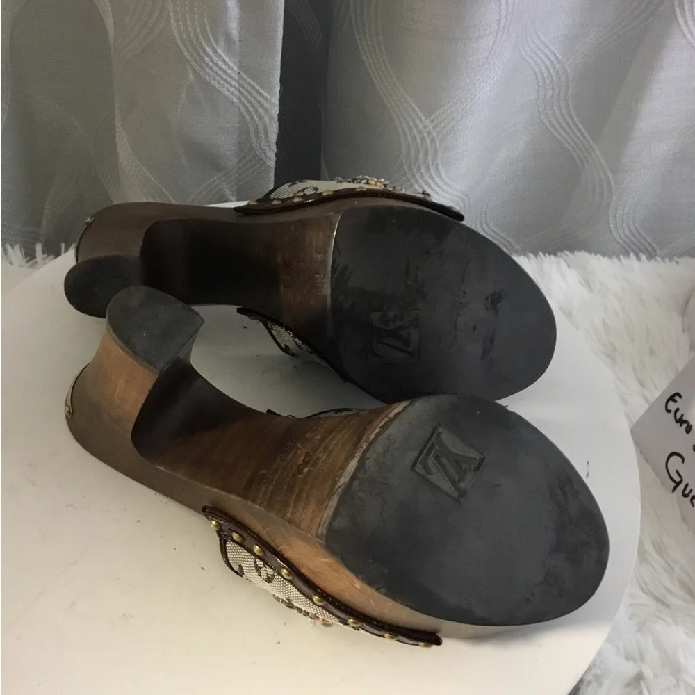 Louis Vuitton Monogram Brown and Cream Floral Platform Mules